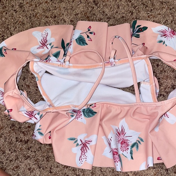 Kids Pink Floral Off-The-Shoulders Two-Piece Swim - Picture 3 of 3